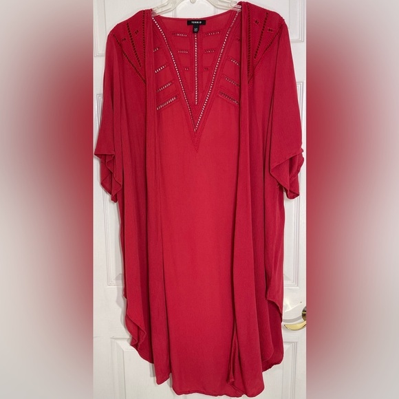 Torrid Kimono Red Crinkled Gauze Crochet Inset Women’s Plus Size Size 1/2 - Picture 1 of 10